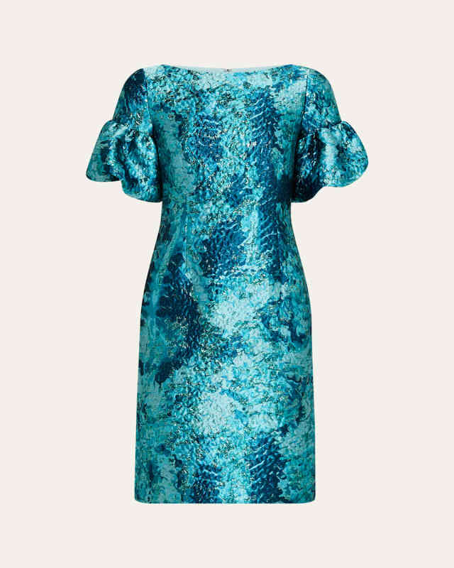 Puff-Sleeve Metallic Jacquard Dress